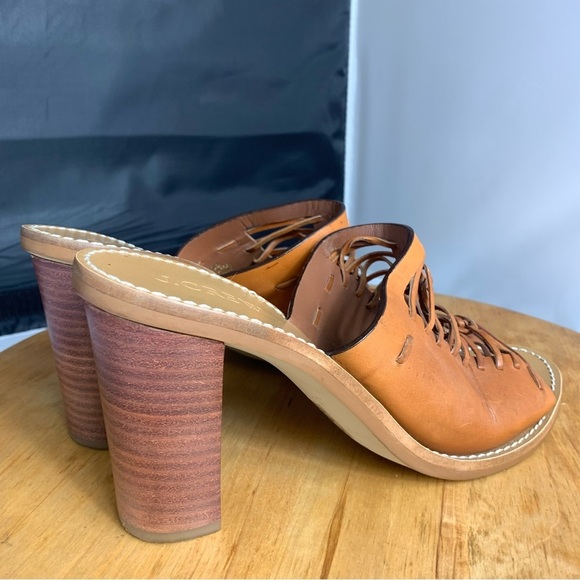 J. CREW Sandals Womens Sz 7.5 Marlow Tan Brown Woven Huarache Mule Heel Leather - Picture 10 of 11